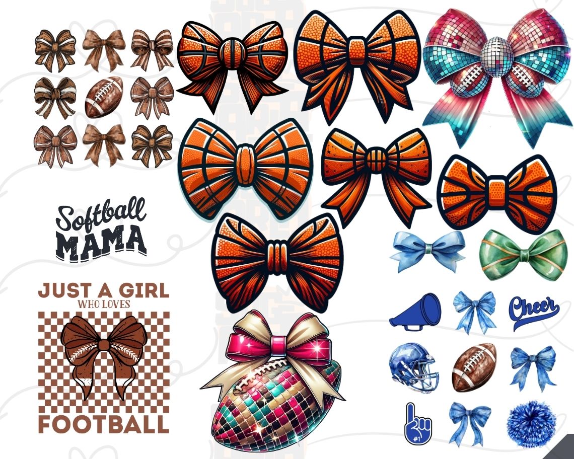 Coquette Bow Sports PNG Bundle | Game Day Football, Volleyball, Baseball, Softball, Soccer ball, Christmas Designs | School Team Sports