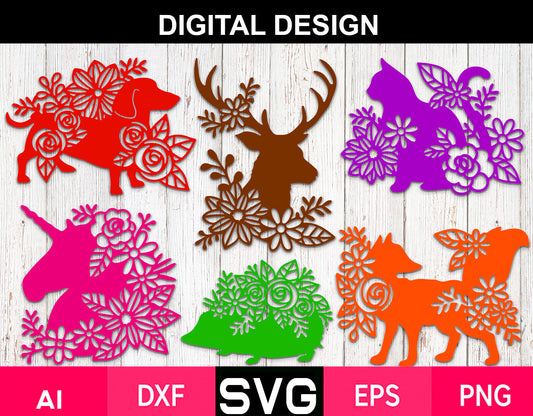 Floral Animals SVG Bundle, Flowers Animal Svg, Animal Silhouette Svg, Bear Svg, Chicken Svg, Bunny Silhouette Svg, Deer Svg, Horse Svg 