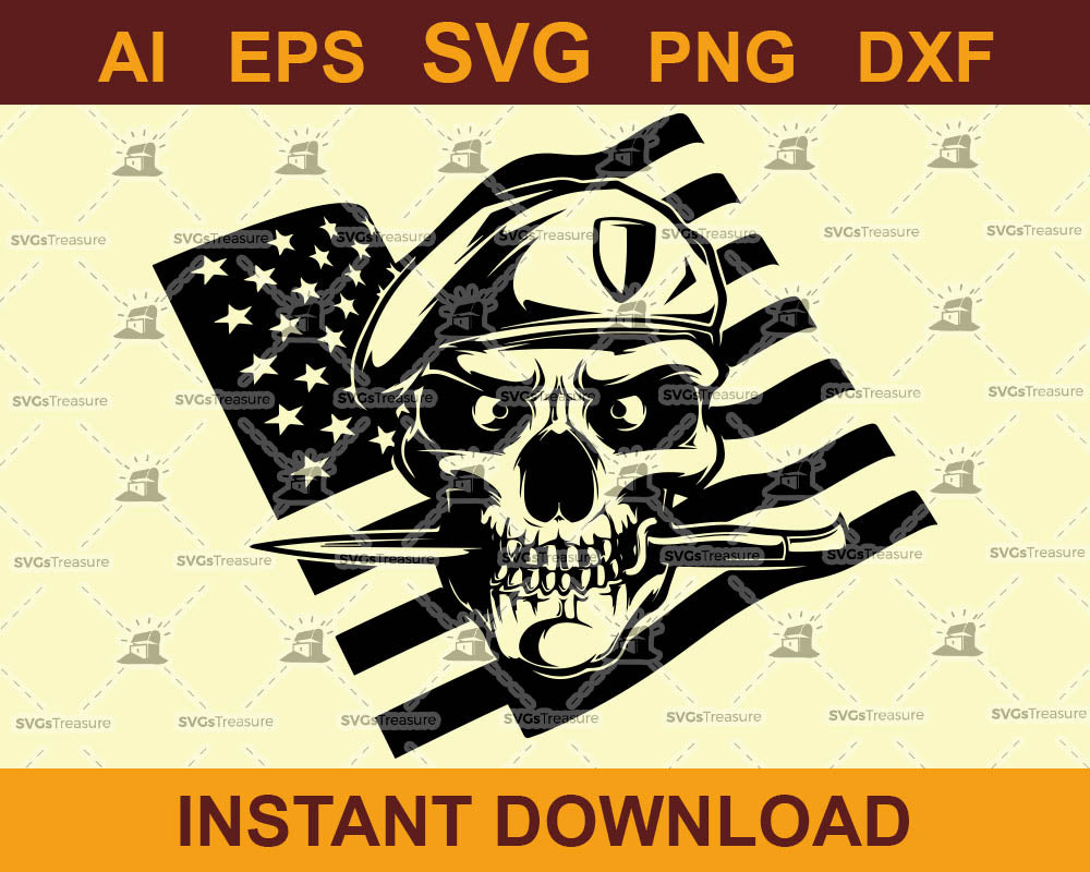 Digital: Military Green Beret Grim Reaper Knife Flag American Skull Death Ghost Tattoo Skeleton Bone Logo .SVG .PNG Clipart Vector Cricut Cut Cutting 