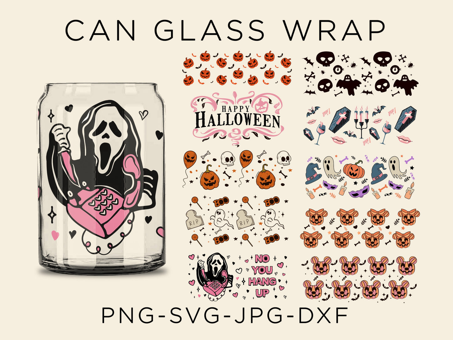 Halloween Can Glass Wrap svg, Can Glass Wrap Bundle, 10 oz libbey glass, Halloween Bottle Labels, Halloweentown, Momster, Spooky svg, Witch 