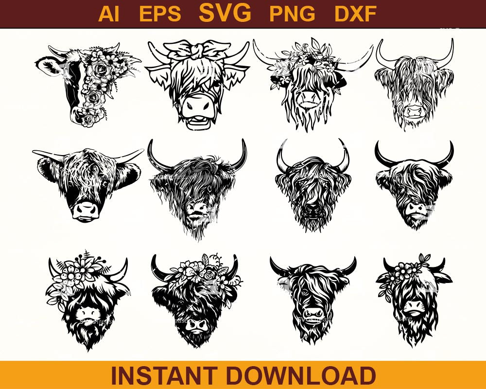 Highland Cow Svg Bundle | Cuttable Design SVG PNG DXF |vDesigns Cricut Cameo File Silhouette | Instant Download 